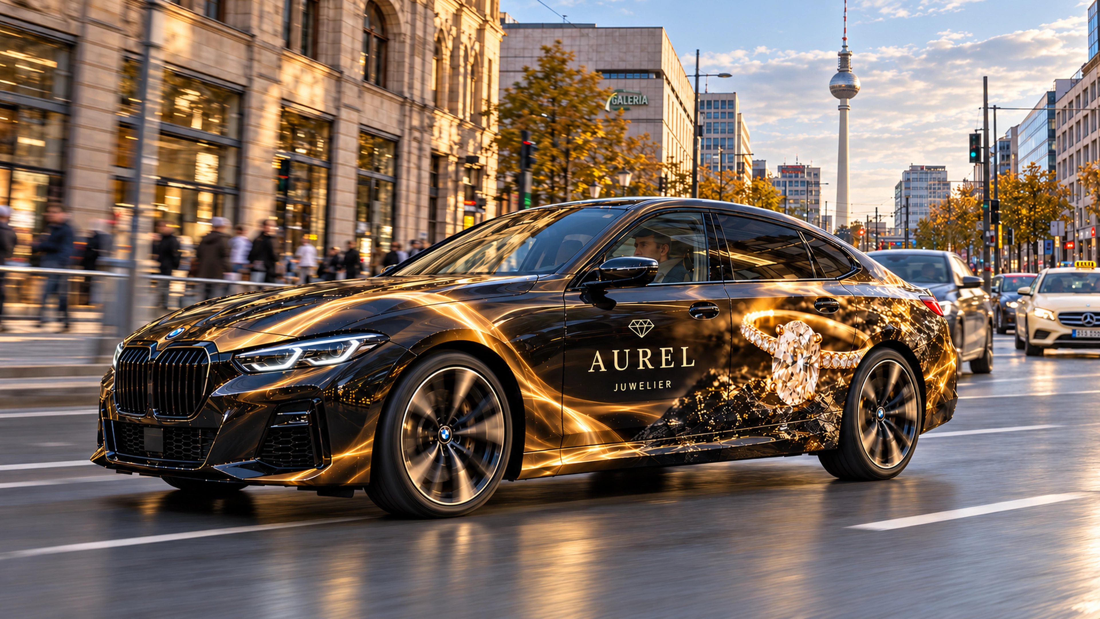 Konzeptvisualisierung: AUREL-Wagen mit schwarz-goldener Juwelier-Vollfolierung fährt im Berliner Stadtverkehr, im Hintergrund der Fernsehturm