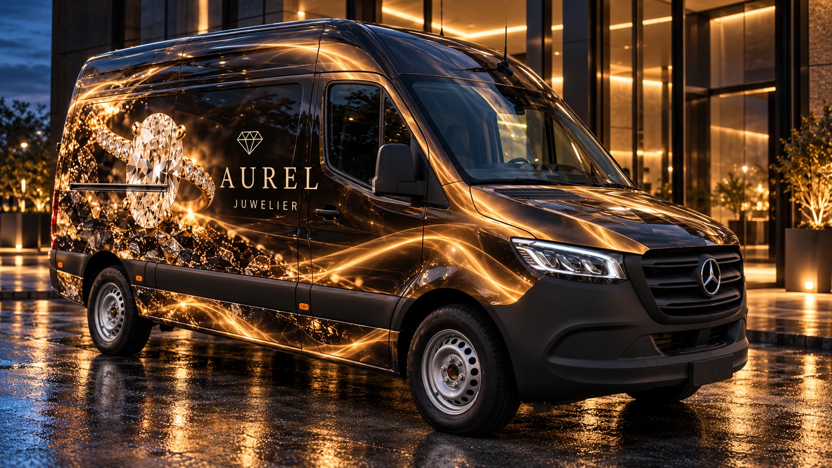 AUREL-Juwelier-Konzept: transporter mit fotorealistischer schwarz-goldener Vollfolierung und großem Diamantring-Motiv
