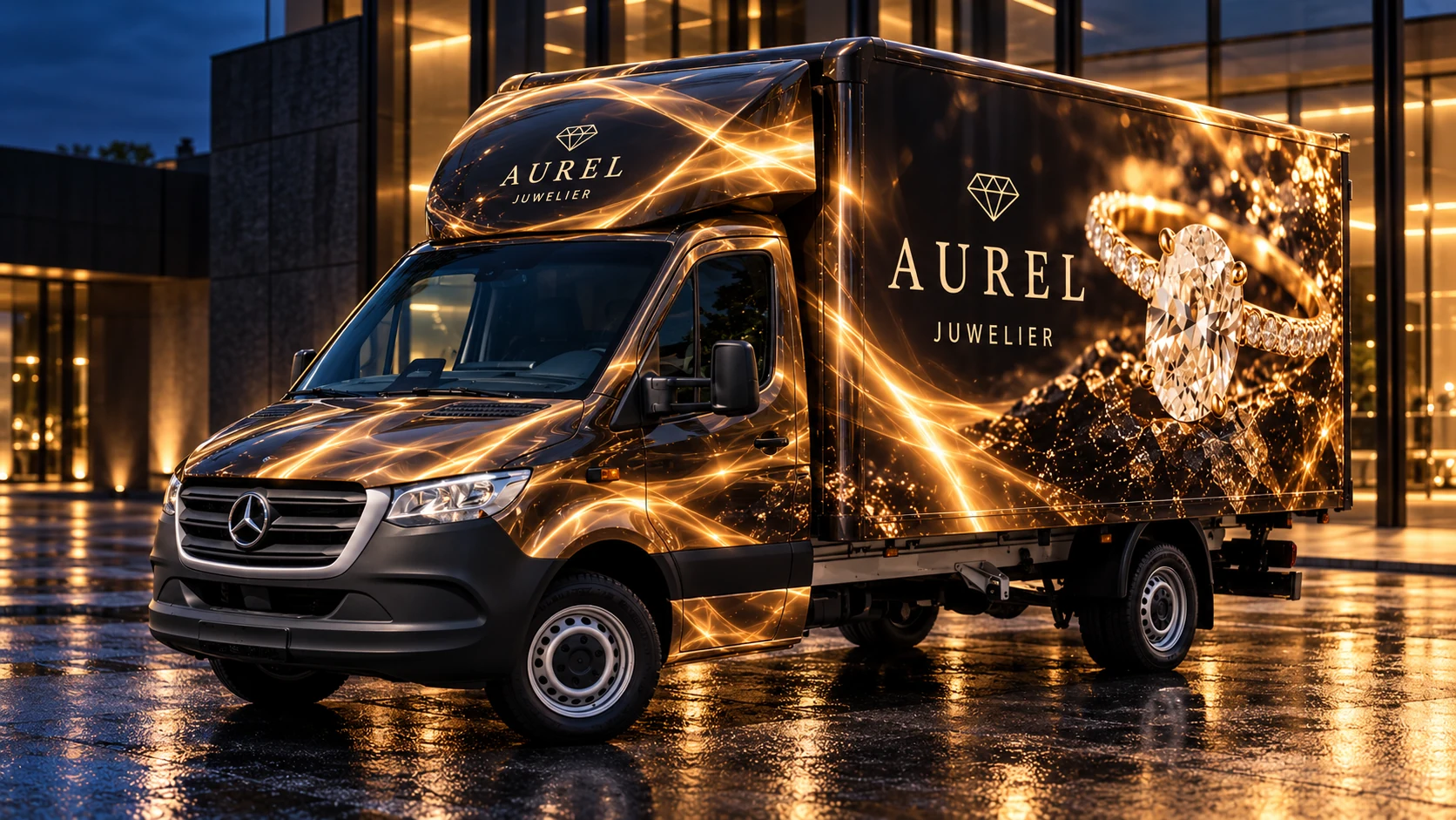AUREL-Juwelier-Konzept: kofferaufbau mit fotorealistischer schwarz-goldener Vollfolierung und großem Diamantring-Motiv