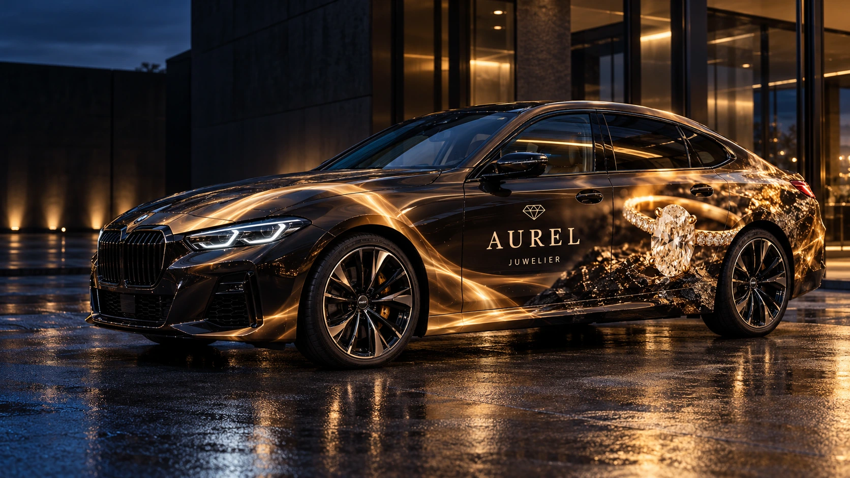 Fotorealistisches Kampagnenkonzept: AUREL-Juwelier-Vollfolierung in Schwarz und Gold mit großem Diamantring-Motiv auf einem hochwertig beleuchteten Fastback