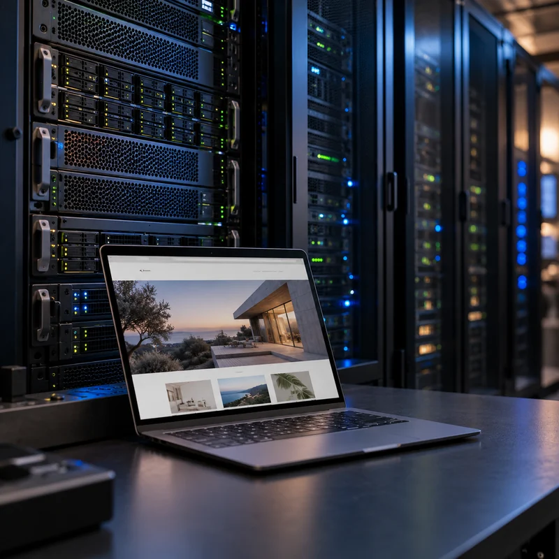 Fotorealistisches Motiv mit Serverracks und einem Laptop, der eine gestaltete Website zeigt.