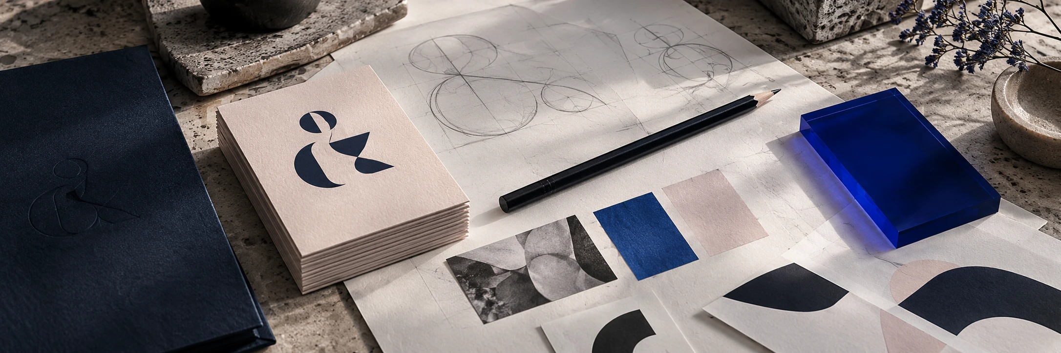 Logo-Skizzen und Visitenkarten in Dunkelblau, Royalblau und Rosa auf einem Atelier-Arbeitstisch