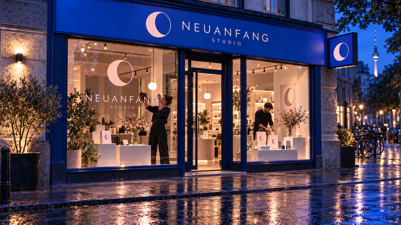 Neuer Laden mit abgestimmtem Firmenschild und Schaufensterbeschriftung in Blau und Rosa bei Regen