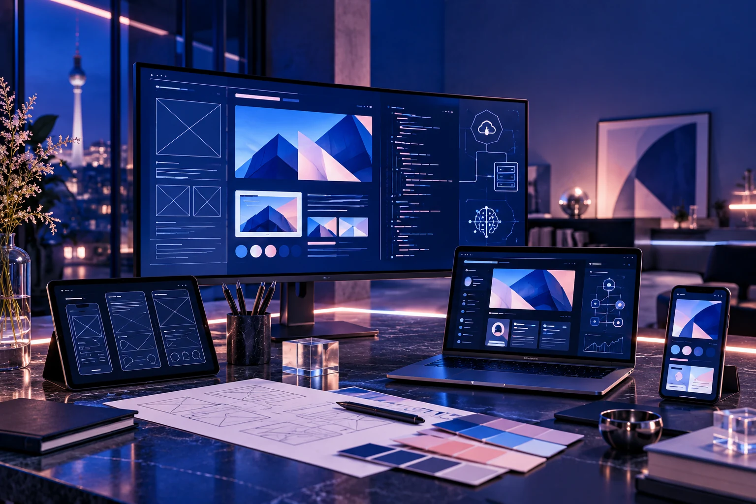 Digitales Designstudio mit responsiven Weboberflächen und Prozessdarstellungen