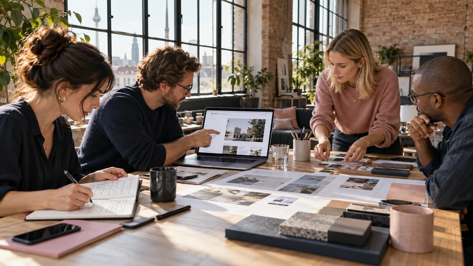 Fotorealistisches Gestaltungsmotiv: Ein Team plant gemeinsam die Struktur und Gestaltung einer Website in einem Berliner Studio.
