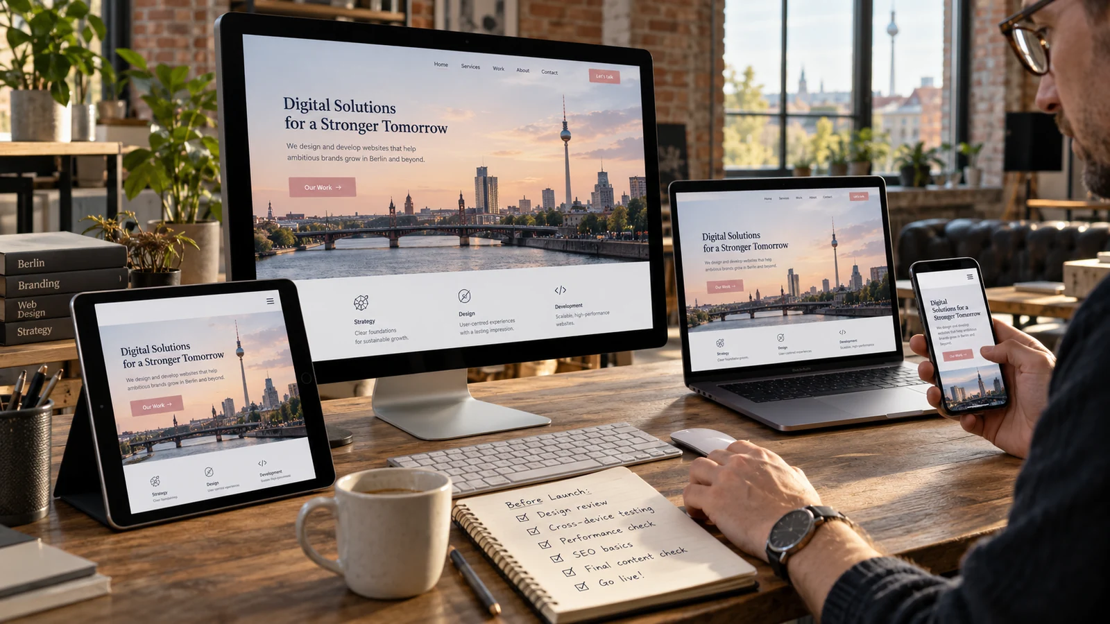 Fotorealistisches Gestaltungsmotiv: Eine Website wird auf Computer, Laptop, Tablet und Smartphone geprüft.