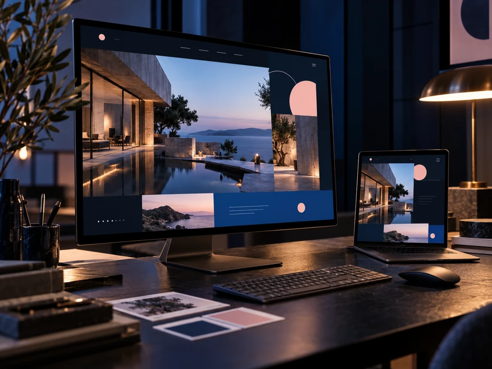 Moderner Arbeitsplatz mit einer Website auf Monitor und Laptop in Dunkelblau, Königsblau und Rosé
