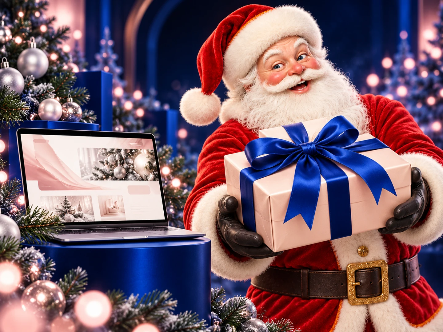 Weihnachtsmann mit roséfarbenem Geschenk und blauer Schleife neben einem Laptop mit einer Webseite