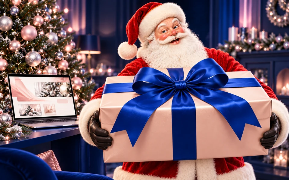 Weihnachtsmann mit großem Geschenk in Rosé mit königsblauer Schleife, Weihnachtsbaum und Laptop mit einer Webseite im Hintergrund