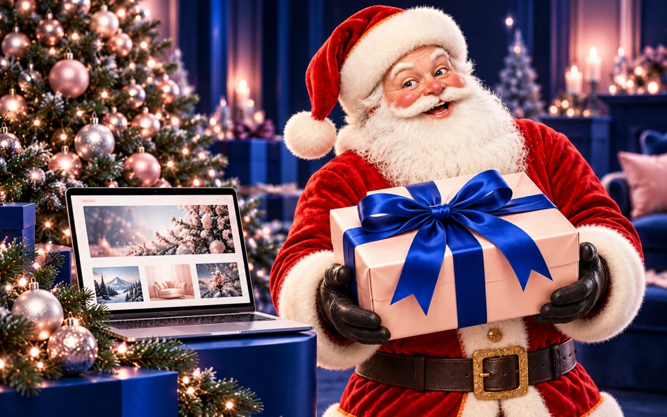 Weihnachtsmann mit mittelgroßem Geschenk in Rosé mit königsblauer Schleife, Weihnachtsbaum und Laptop mit einer Webseite im Hintergrund