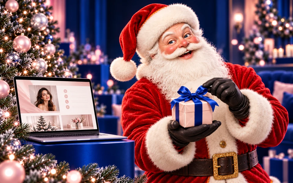 Weihnachtsmann mit kleinem Geschenk in Rosé mit königsblauer Schleife, Weihnachtsbaum und Laptop mit einer Webseite im Hintergrund