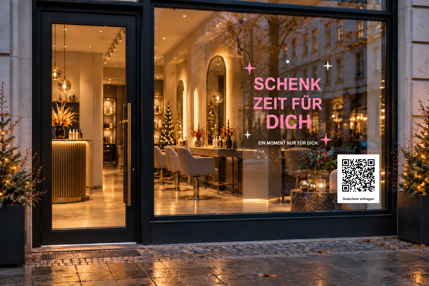 Gestaltungsvorschau: rosafarbene Folienbuchstaben Schenk Zeit für dich auf dem Schaufenster eines Salons