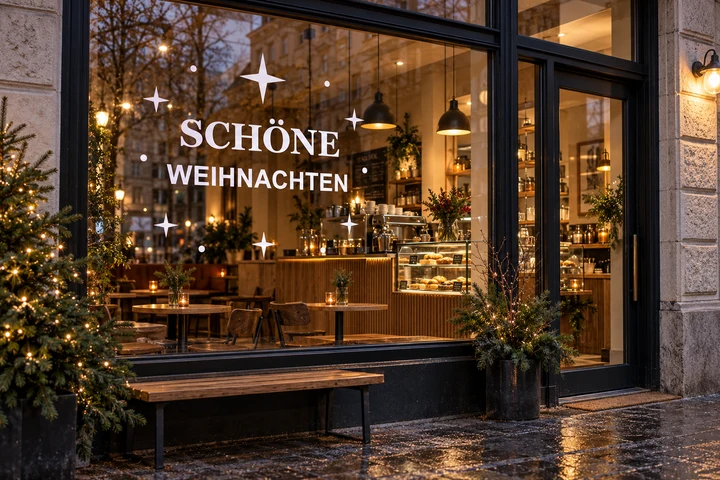 Visualisierung eines Cafés mit weißem Winterstern-Motiv