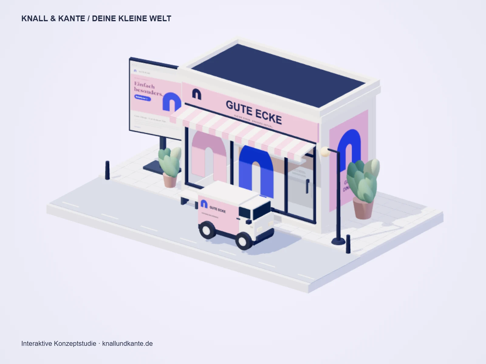 Beispiel der 3D-Ladenfront mit Website-Display und Lieferwagen